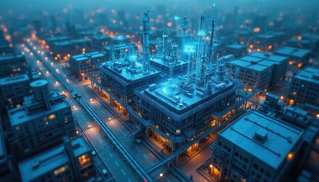 Futuristic cityscape glows with smart industrial tech infrastructure. Networks of glowing lights connect advanced urban buildings and production sites. Automated systems operate city functions.