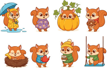 Cartoon squirrel character, seasonal outfits, cute animal illustration, kids vector art, autumn theme, cozy scenes, playful poses, stock design, whimsical style