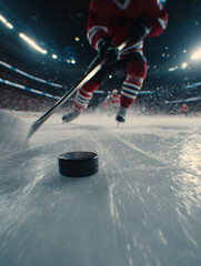 Puck Flying Across Ice During Hockey Game