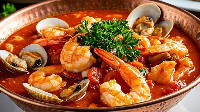 Traditional Cataplana, a rich seafood stew featuring shrimp, clams, and a savory tomato broth, garnished with fresh parsley
