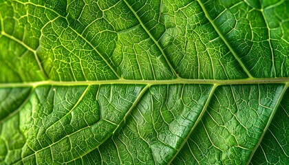 Extreme close-up of vibrant green leaf with intricate vein patterns, detailed texture, and natural light highlighting structure