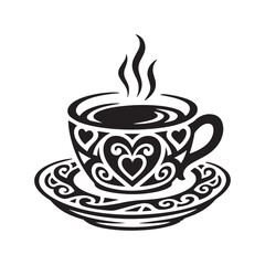 Elegant Tribal Coffee Cup Tattoo Design with Ornamental Hearts and Swirling Steam Patterns. 