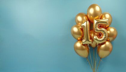 Golden number 15 balloon bunch on blue background with copy space. Fifteen year anniversary birthday party celebration. Shiny helium air balloons as festive holiday decoration for greeting card