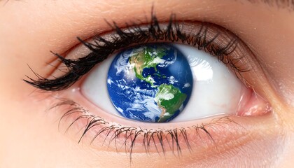 Eye with Earth globe reflection. Focus on vision, planet, and awareness. Bright, close-up, detailed