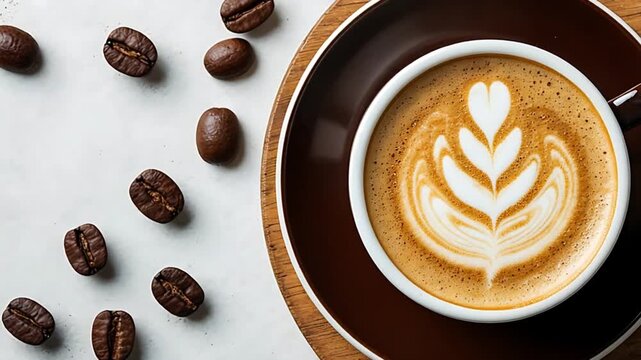 Warm coffee drink featuring delicate latte art, served on a saucer and wooden surface with scattered coffee beans around