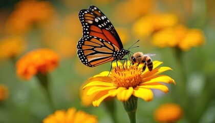 Obraz premium Monarch butterfly, honeybee gather on zinnia flower in garden. Insects pollinate blooms. Pollinator conservation benefits eco farming, food production, nature balance, sustainable environment. Floral