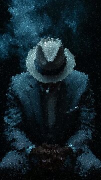 Man in Suit and Fedora Seated with Head Bowed Holding Cigarette as Smoke Rises Against Dark Background, Animation Made of Cubes