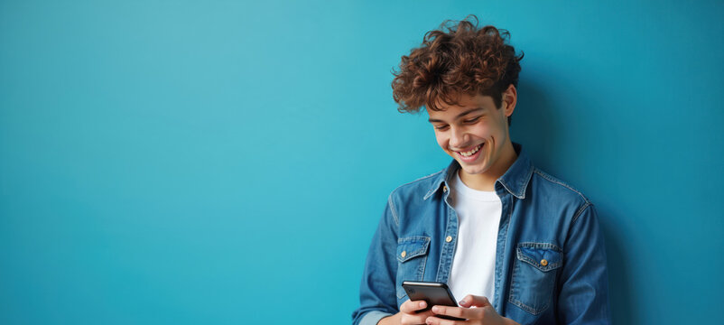 Young man looks at his cell. He is wearing a casual denim jacket. He leans against a blue wall. Happy guy holds smartphone in hands, uses mobile application, texts message.