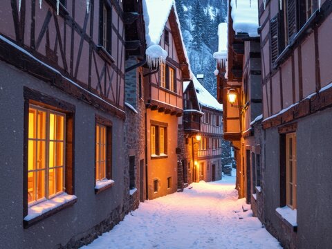 Cozy, narrow winter street in a European village with timber-framed buildings covered in snow and icicles, illuminated by warm window light.
