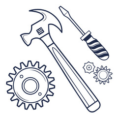 A simple line art illustration of a claw hammer a screwdriver and gears on a white background
