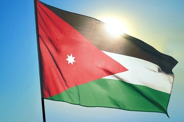 Jordan national flag waving in sunlight close-up – Jordanian black white green horizontal stripes...