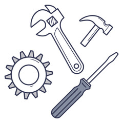 A simple line art illustration of a wrench hammer screwdriver and gear arranged on a white background