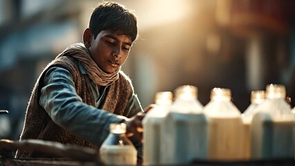 A boy carefully arranges glass bottles of milk on a wooden cart as the sun creates a warm glow in the background. The boy’s focused movements highlight the importance of his task i