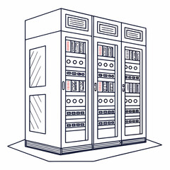 Clean line art illustration of a modern server rack cabinet with multiple modules and ventilation slots on a white background