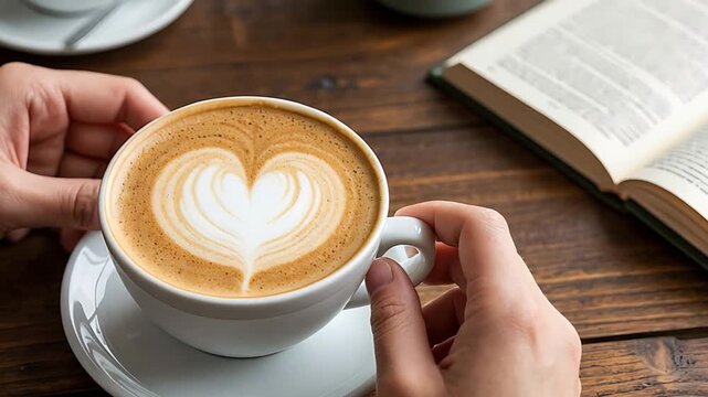 Person holding a warm latte with heart art, reading a book on a wooden table, enjoying a cozy break and relaxation