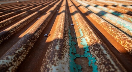 Close up of weathered corrugated metal roof with strong sunlight casting dramatic shadows