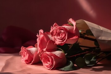 A bouquet of pink roses resting on a pink surface with a pinkish backdrop area
