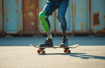 Young man with a prosthetic leg rides a skateboard. He wears jeans and black boots. The guy is on the street, performing an activity. The skater practices his hobby in a sunny urban exterior.