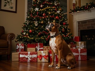 A brown and white Boxer dog sits proudly among piles of wrapped gifts, illuminated by the warm lights of a decorated Christmas tree in a cozy living room.