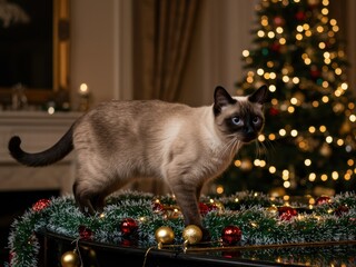 A striking Siamese cat with bright blue eyes stands amidst green garland and red/gold ornaments, set against a background featuring a softly glowing Christmas tree.