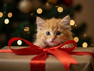 An adorable fluffy orange kitten peaking over a Christmas gift with a red ribbon. Festive lights create a warm, blurred bokeh background.