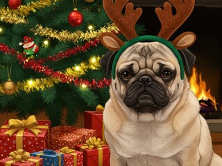 A festive digital painting of a pug dog wearing reindeer antlers, sitting by a roaring fireplace, surrounded by a decorated Christmas tree and gifts.