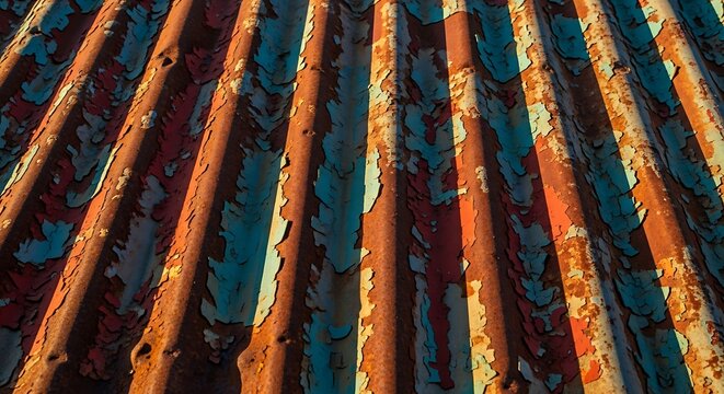 Sunlight and shadow play across weathered corrugated metal surface with textured rust