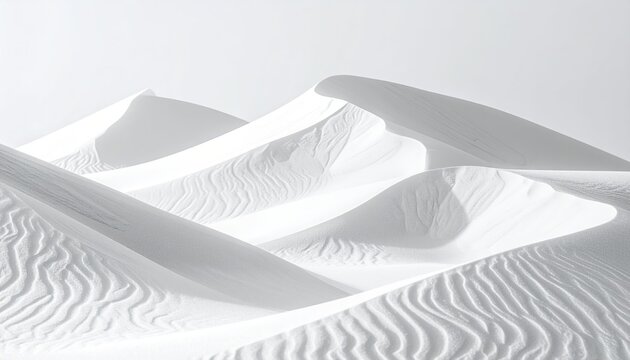 Abstract minimalist white sand dunes sculpted by wind creating rippling textures under a bright clear sky showcasing natural patterns and serene desert landscape