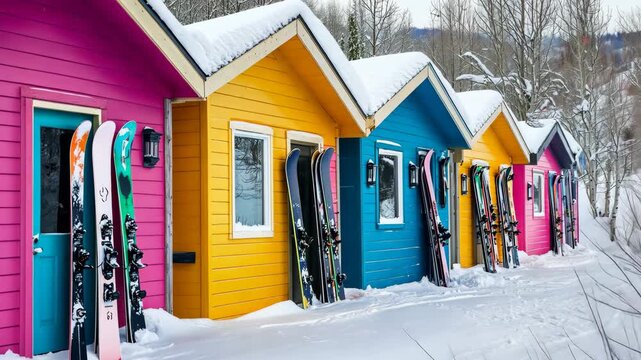 Vibrant snowy chalet row with colorful facades in winter wonderland