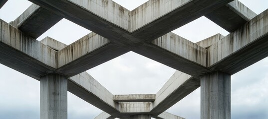 Fototapeta premium Impressive Architectural Marvel Concrete Beams Form Intricate Geometric Patterns in Urban Space.