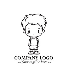 Black and White Chibi Boy Illustration with Jacket and Boots in Bold Thick Line Art Minimal Style