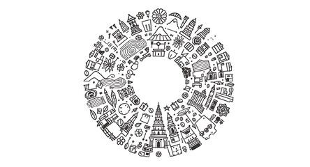 World landmarks doodle art circle, perfect for travel guides or international projects