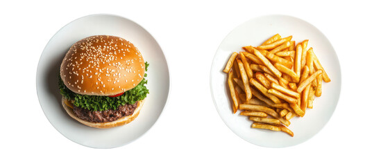 Delicious hamburger and french fries on white plates isolated on transparent background