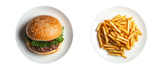 Delicious hamburger and french fries on white plates isolated on transparent background