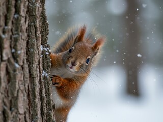 A cute red squirrel peeking around a rough tree trunk in a snowy forest during winter, captured in a close-up portrait with gentle snowfall.