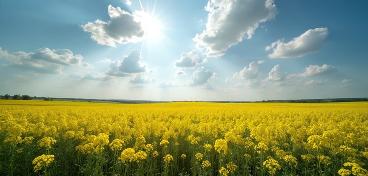 Sunny photo of a blossoming canola field under bright blue sky with white clouds. Yellow flowers cover vast farmland. Rich harvest concept in countryside.