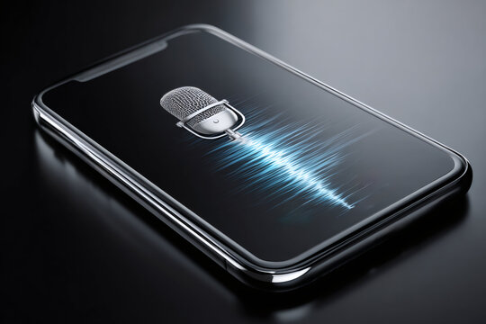 Smartphone with a microphone and sound wave on screen. Voice recording, podcast, and audio technology concept.