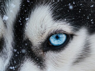 Extreme close-up of a Siberian Husky's bright blue eye surrounded by black and white fur, captured during a snowfall.