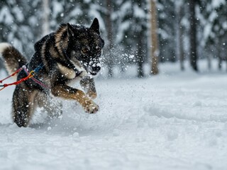A powerful sled dog races through deep snow in a winter forest, kicking up snow particles while harnessed for mushing or skijoring.