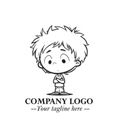 Black and White Chibi Boy Illustration with Jacket and Boots in Bold Thick Line Art Minimal Style