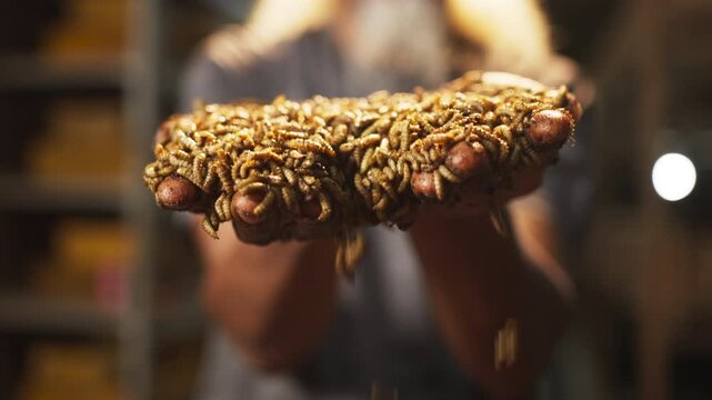 Close-up of Hands Holding a Large Quantity of Black Soldier Fly (BSF) Larvae or Maggots