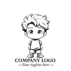 Black and White Chibi Boy Illustration with Jacket and Boots in Bold Thick Line Art Minimal Style