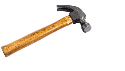 Hammer isolated on white background. A sturdy metal tool with a solid wooden handle, perfect for construction, carpentry, and repairs. Clean, clear, and detailed studio shot showing craftsmanship and 
