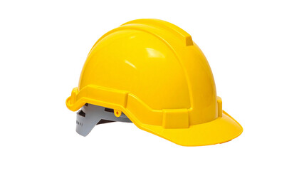 Isolated on white background, a bright yellow safety helmet represents protection, construction, and industrial safety. This durable hard hat symbolizes worker security, reliability, and professionali
