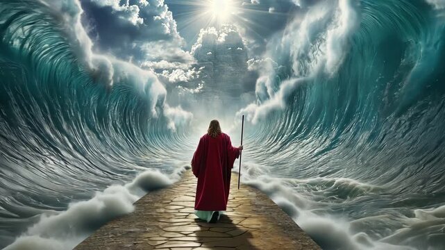 Moses walking along a dry path as towering walls of the parted Red Sea rise on both sides, dramatic biblical scene