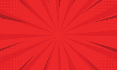 Fototapeta premium Vibrant red comic background with radial rays and halftone dots bursting from the center, creating a dynamic pop art effect. Ideal for posters, banners, comics, or energetic graphic designs.