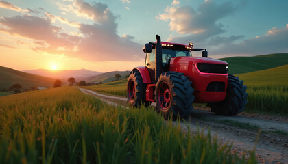 Red autonomous tractor drives on dirt road through green fields during sunset. Modern farming machinery works remotely using AI tech. Future agriculture landscape with hills and clouds.