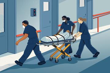 Obraz premium Paramedic team urgently pushing stretcher inside a modern, well-lit emergency room, conveying critical care, medical urgency, and rescue.