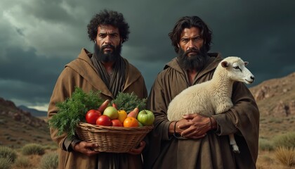 Two men stand with basket of fruits and vegetables and lamb. One man holds lamb close. Background has dark clouds suggesting storm. These brothers represent religious offerings and potential conflict.