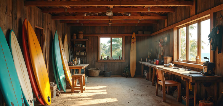 Beachside workshop with colorful surfboards arranged neatly. Tools and wetsuits hang on wooden walls, suggesting a surfer crafting space. Large windows offer ocean views and palm trees. - Powered by Adobe